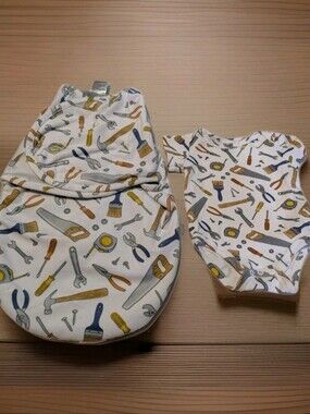 Baby Swaddle Sack and Onesie Set - White with Tool Print 0-3 Months Hudson baby